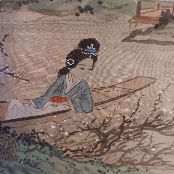Vintage Chinese Asian Paintings on Silk Woman in Landscape Gold Frame Set of Two - Picture 8 of 16